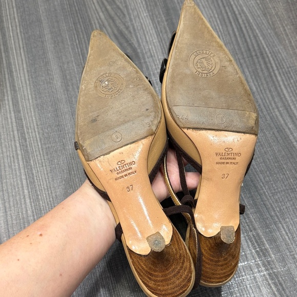 Valentino Garavani Tan and Brown Fur Accent Heels